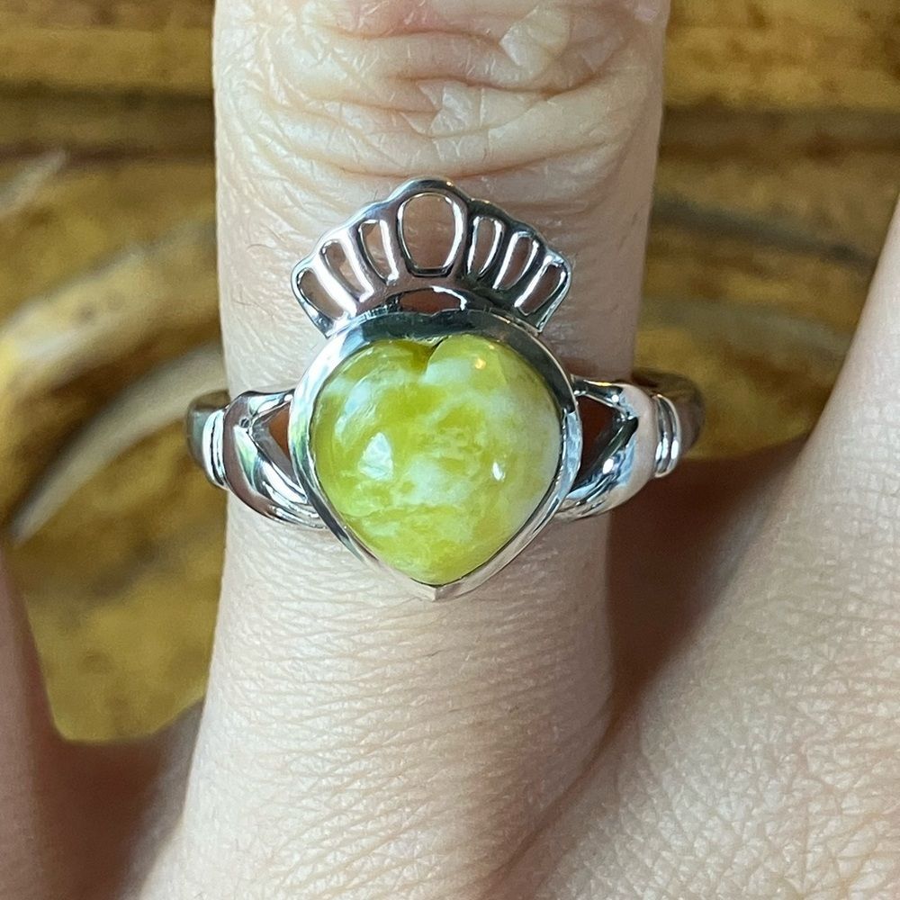 Natural Connemara Marble Sterling Silver Claddagh Ring Size 7